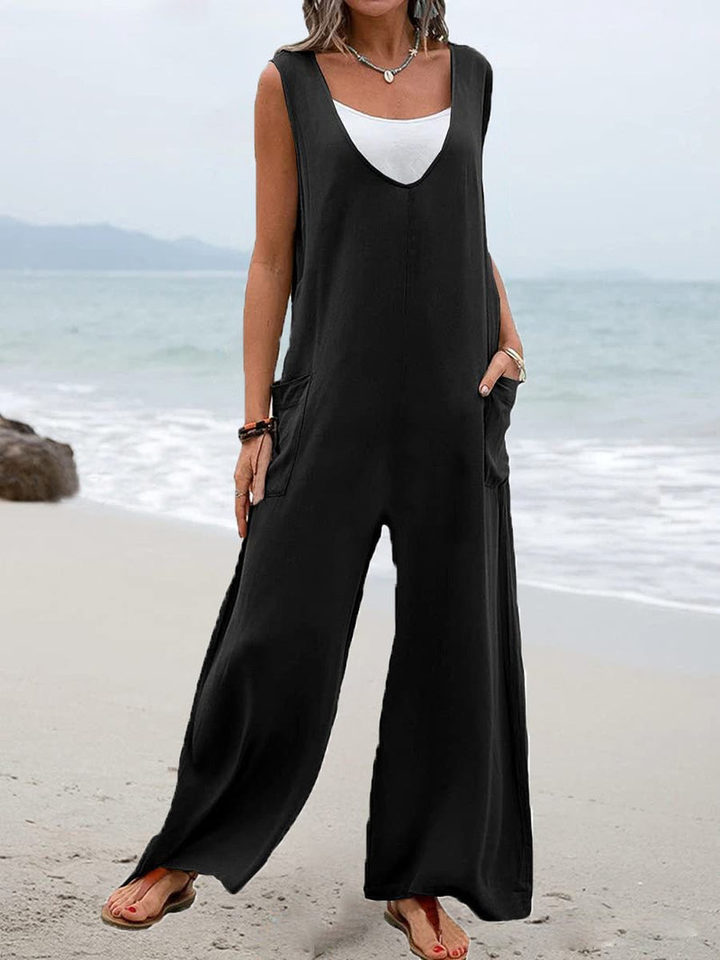 Women's Jumpsuits Solid V-Neck Pocket Wide-Leg Jumpsuit