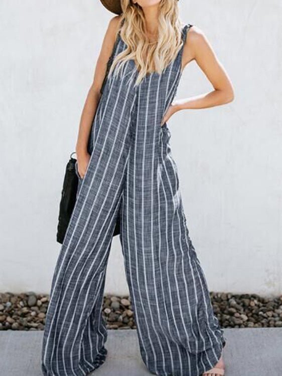 Women's Jumpsuits Striped Sling Pocket Wide-Leg Jumpsuit