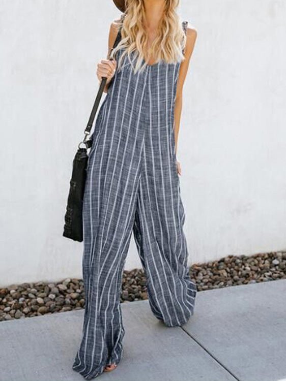 Women's Jumpsuits Striped Sling Pocket Wide-Leg Jumpsuit