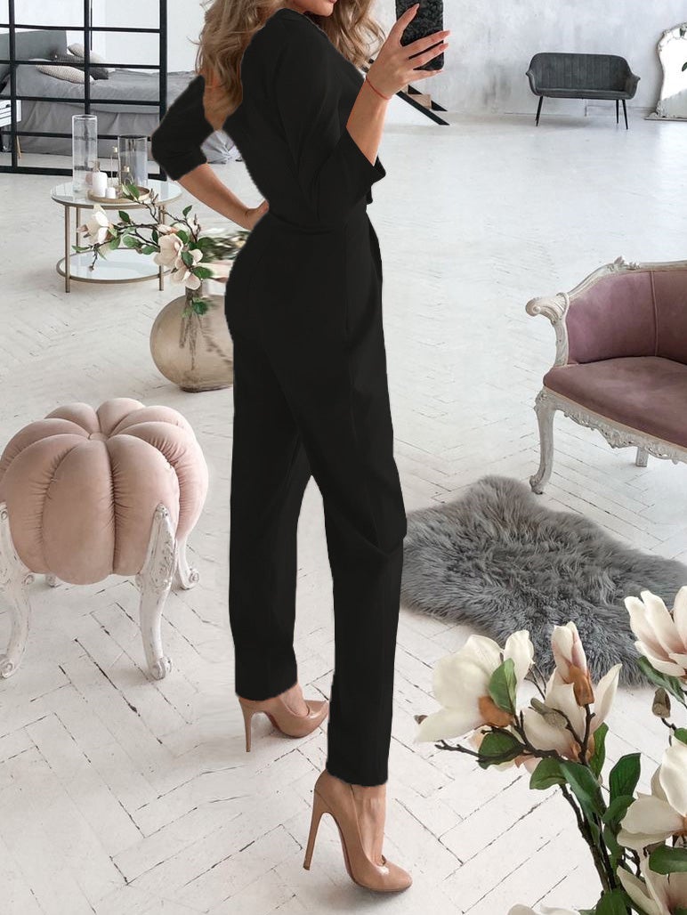 Women's Jumpsuits V-Neck Button Long Sleeve Jumpsuit