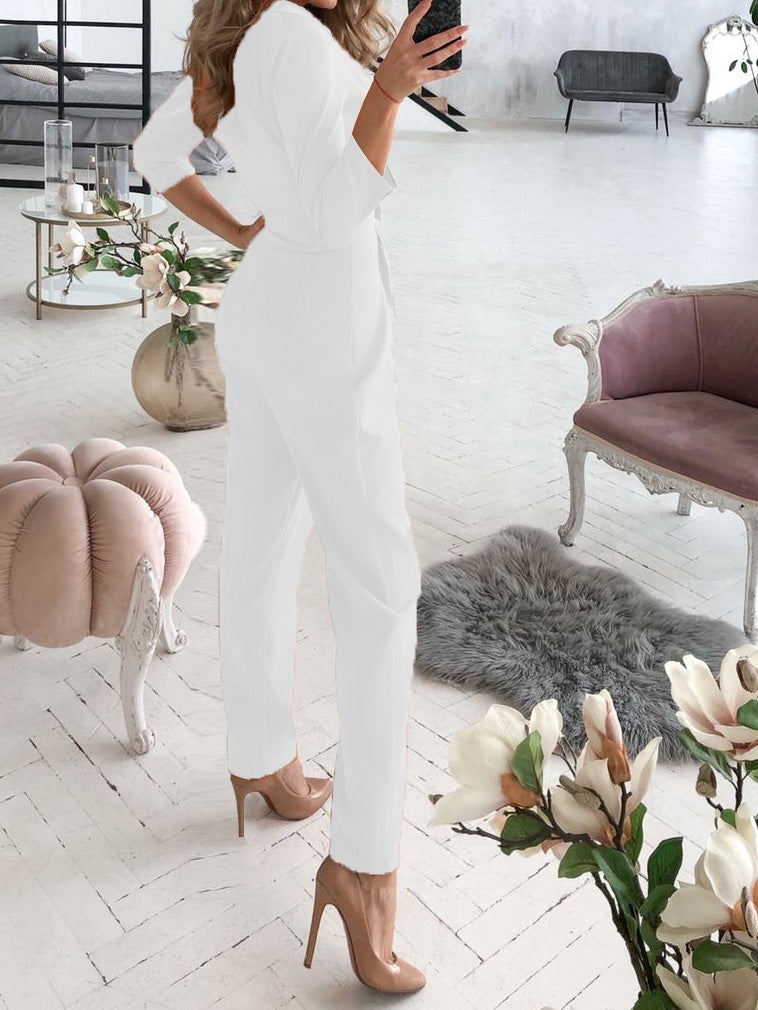 Women's Jumpsuits V-Neck Button Long Sleeve Jumpsuit