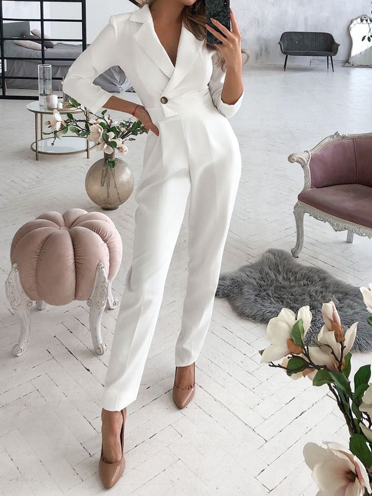 Women's Jumpsuits V-Neck Button Long Sleeve Jumpsuit