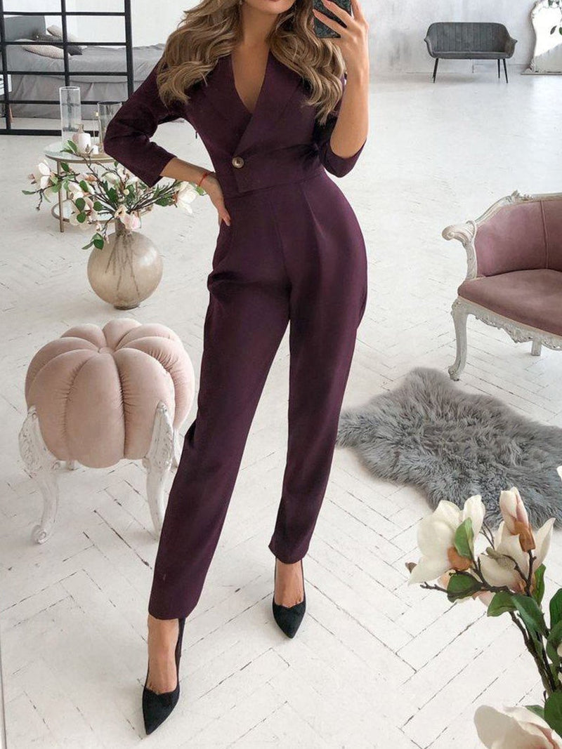 Women's Jumpsuits V-Neck Button Long Sleeve Jumpsuit