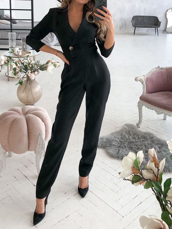 Women's Jumpsuits V-Neck Button Long Sleeve Jumpsuit