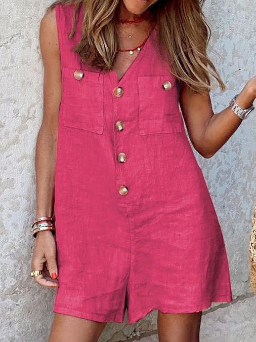 Women's Jumpsuits V-Neck Button Pocket Sleeveless Jumpsuit