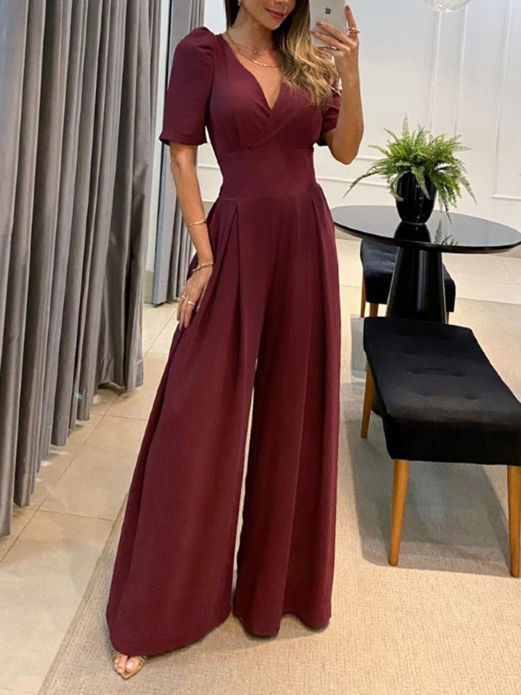 Women's Jumpsuits V Neck High Waist Wide Leg Jumpsuit