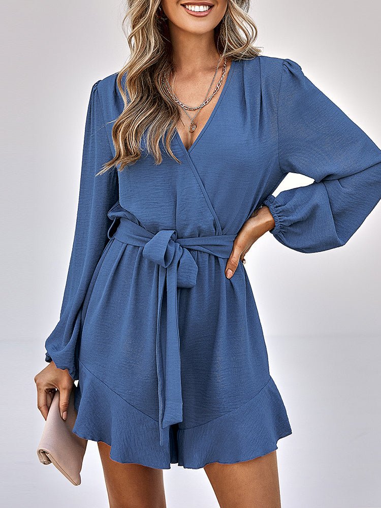 Women's Jumpsuits V-neck Long Sleeve Solid Ruffle Jumpsuit