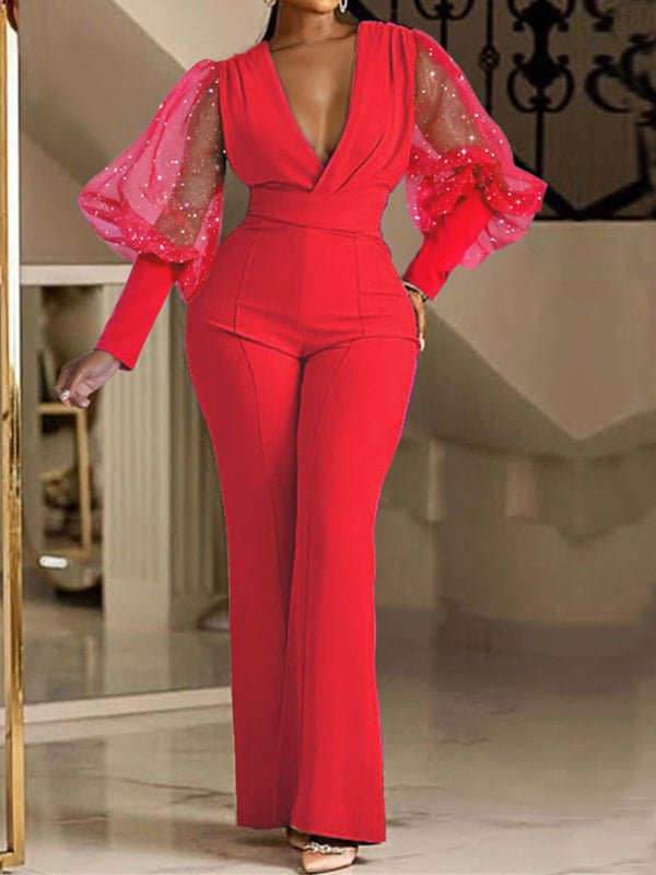 Women's Jumpsuits V-Neck Mesh Panel Long Sleeve Slim Jumpsuits