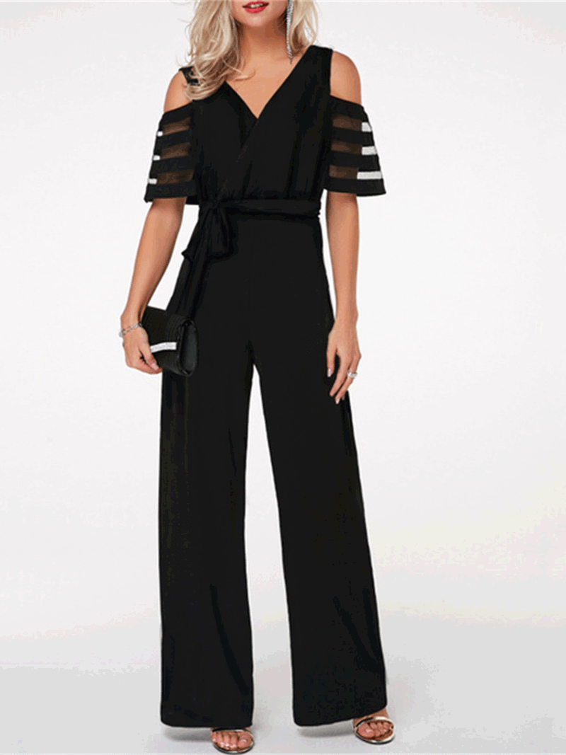 Women's Jumpsuits V-Neck Off-Shoulder Mesh Wide-Leg Jumpsuit