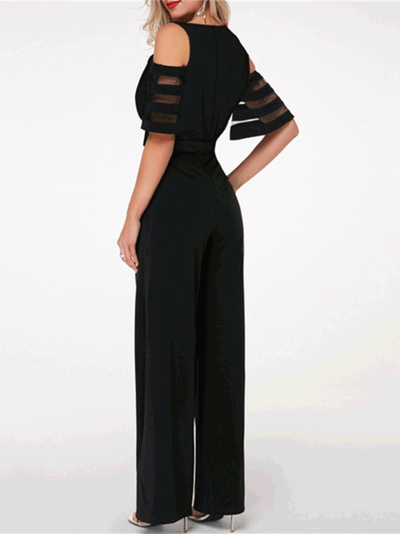 Women's Jumpsuits V-Neck Off-Shoulder Mesh Wide-Leg Jumpsuit