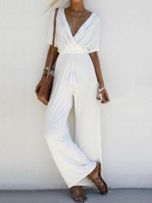 Women's Jumpsuits V-Neck Short Sleeve Belted Wide-Leg Jumpsuit