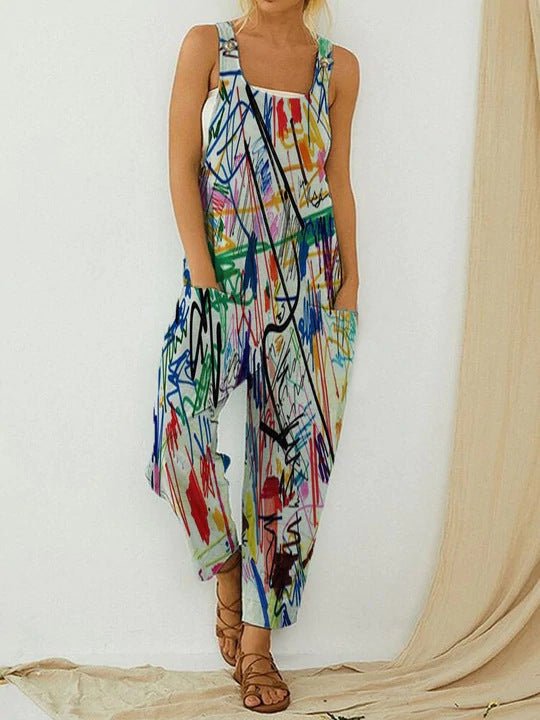 Women's Jumpsuits Vintage Abstract Print Sleeveless Pocket Jumpsuit