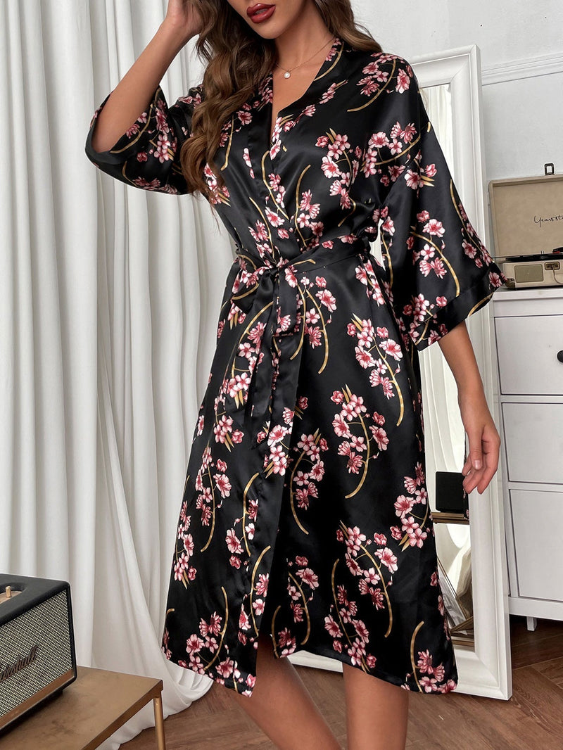 Women's Pajamas Comfortable Acetate Silk Printed Belted Night Gown