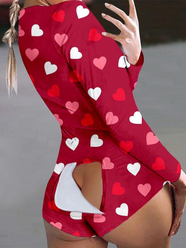 Women's Pajamas Heart Print Button Flap Long Sleeve Pajamas