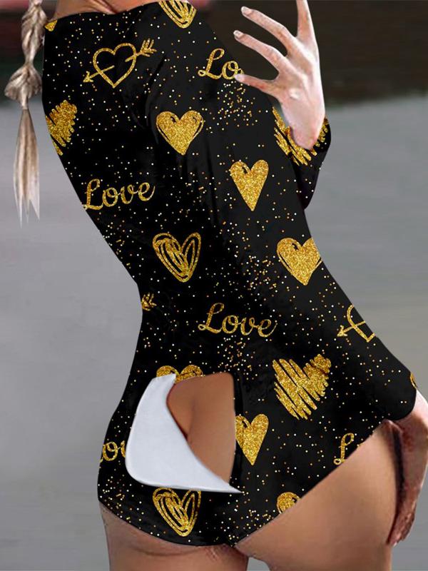 Women's Pajamas Heart Print Button Flap Long Sleeve Pajamas