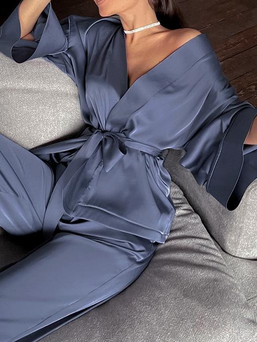 Women's Pajamas Long Sleeve Cardigan Lace Nightgown Loose Pants Pajama Set
