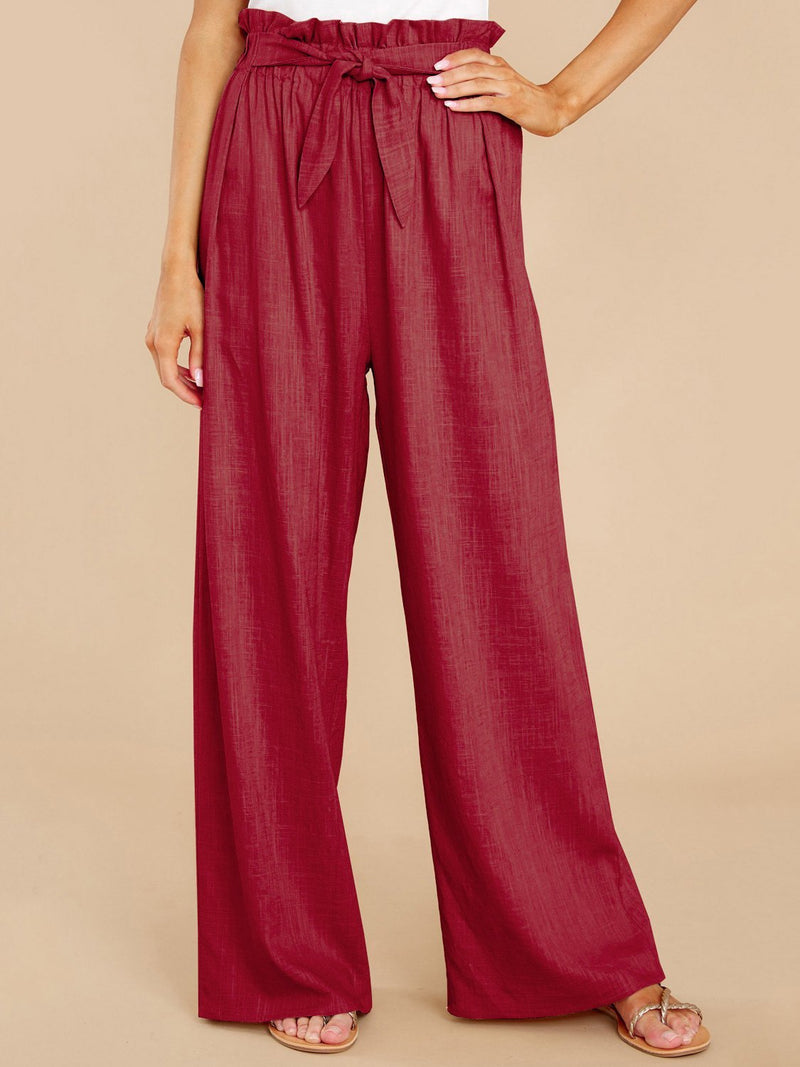 Women's Pants Casual Solid Cotton Belted Wide-Leg Pants