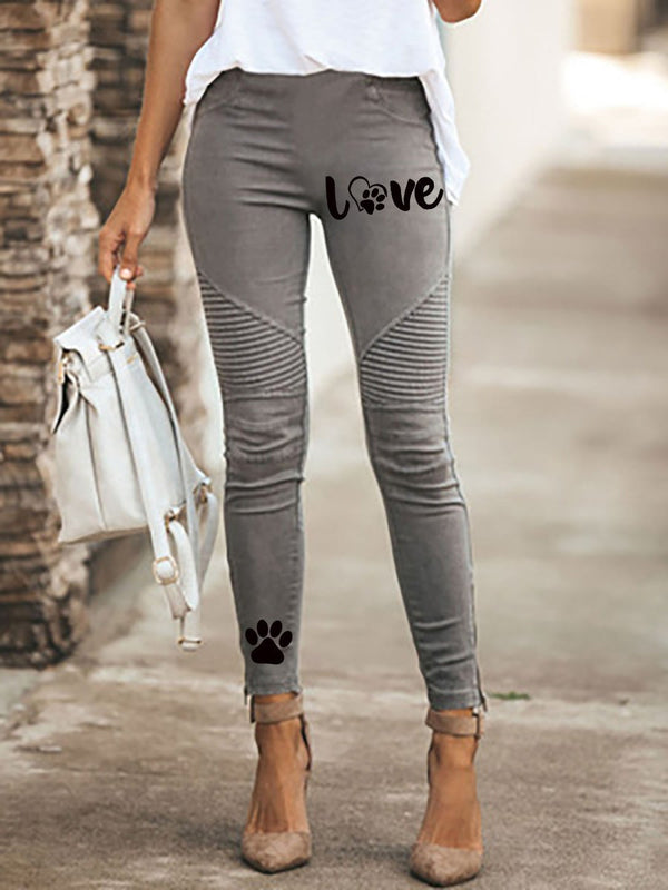 Women's Pants Letter Cat Paw Print Skinny Casual Trousers