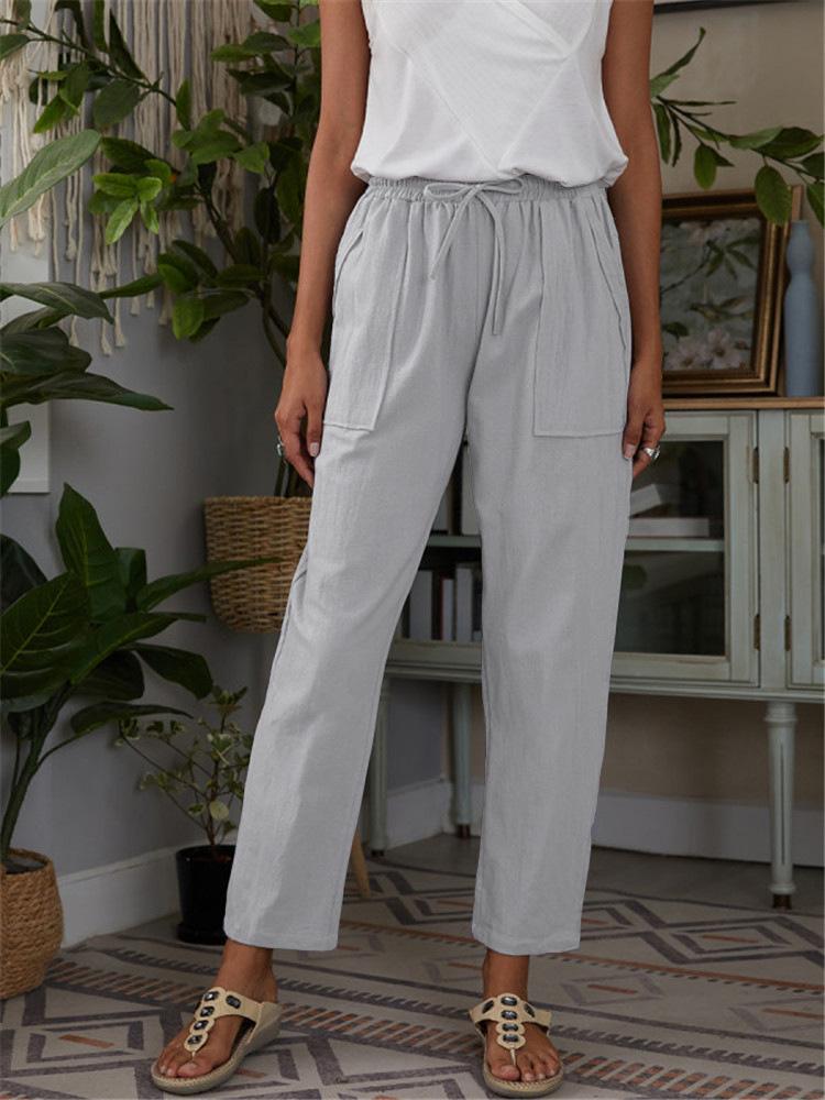 Women's Pants Pocket Elastic Waist Cotton And Linen Casual Pants