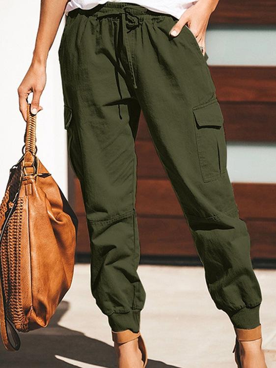 Women's Pants Solid Fashion Pocket Lace-up Cargo Pants