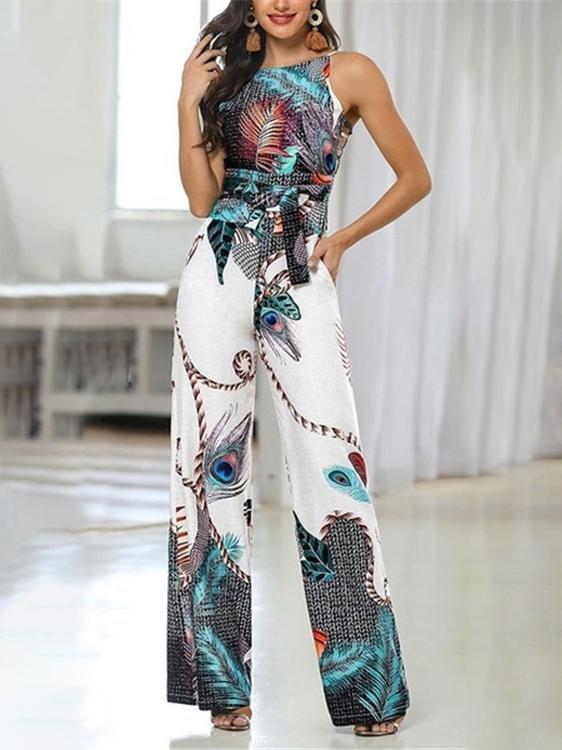 Women's Peacock Feather Print Sling Jumpsuit