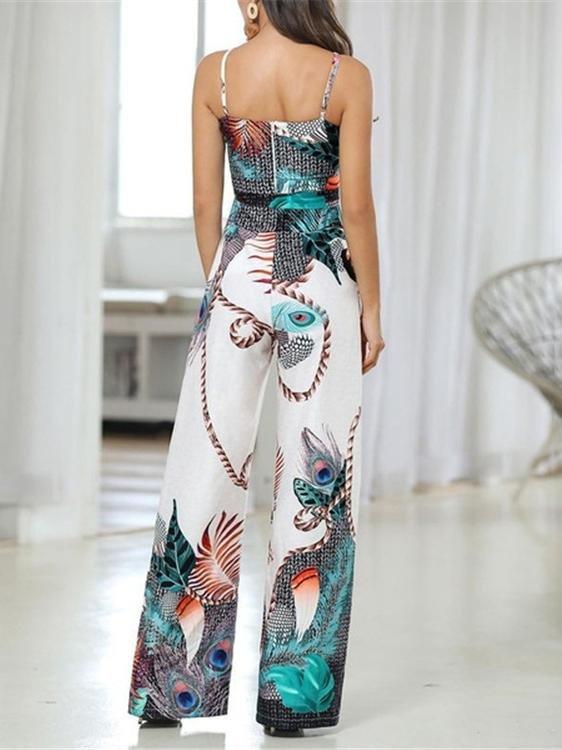 Women's Peacock Feather Print Sling Jumpsuit