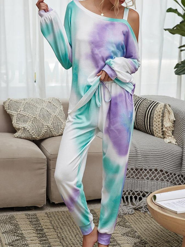 Women's Set Long Sleeve Round Neck Strapless Tie-Dye Two-Piece Suit