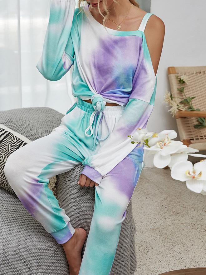 Women's Set Long Sleeve Round Neck Strapless Tie-Dye Two-Piece Suit