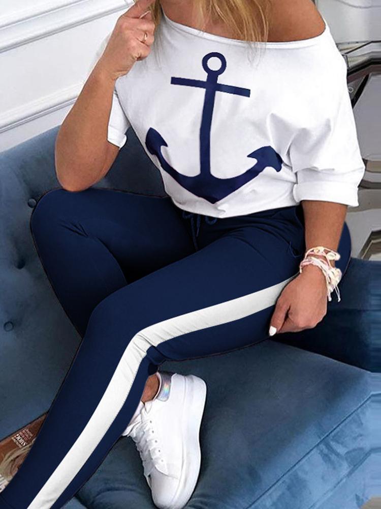 Women's Sets Anchor Print Long Sleeve T-Shirt & Trousers Two-Piece Suit
