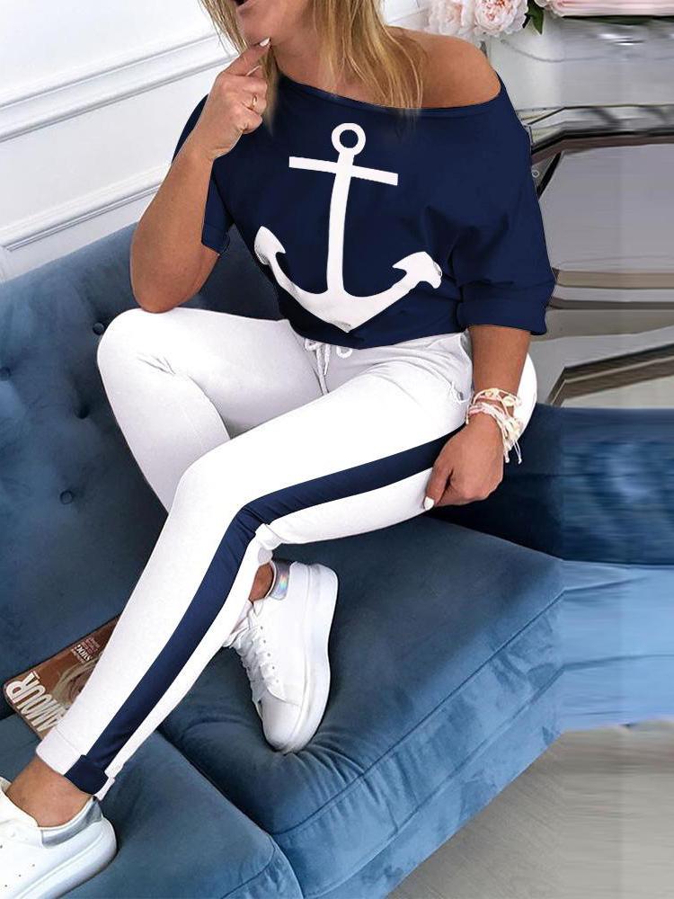 Women's Sets Anchor Print Long Sleeve T-Shirt & Trousers Two-Piece Suit