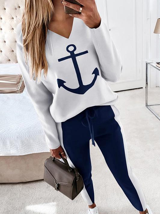 Women's Sets Anchor Print V-Neck Long Sleeve T-Shirt & Trousers Two-Piece Suit