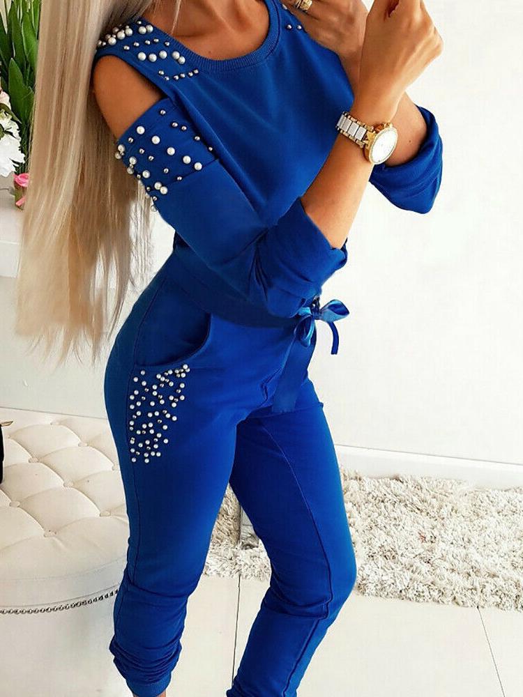Women's Sets Beaded Round Neck Strapless Long Sleeve Trousers Two-Piece Suit