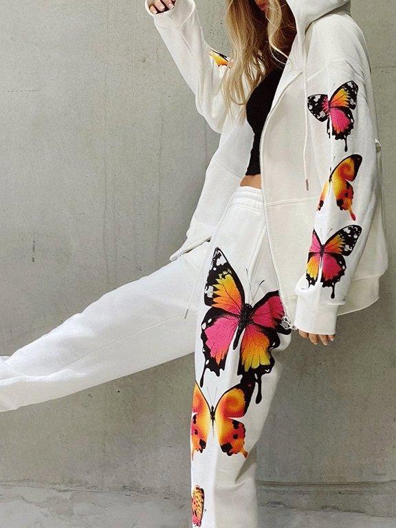 Women's Sets Butterfly Print Long Sleeve Zipper Hoodie Casual Two-Piece Suit