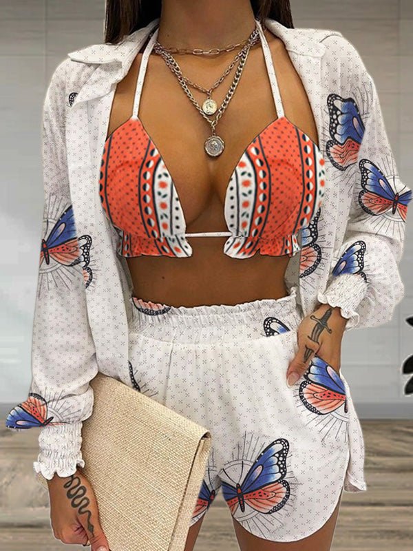 Women's Sets Casual Jacket Shorts Butterfly Print Three-Piece Set