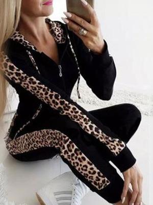 Women's Sets Casual Leopard Print Zipper Hooded Two-Piece Set