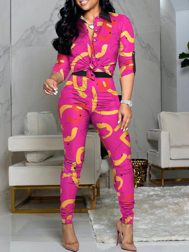 Women's Sets Colorblock Printed Long Sleeve Shirt & Pants Two-Piece Suit
