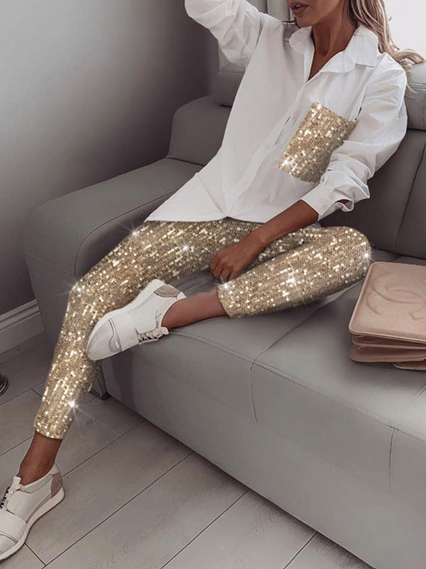 Women's Sets Glitter Sequin Long Sleeve Shirt & Pants Two-Piece Set