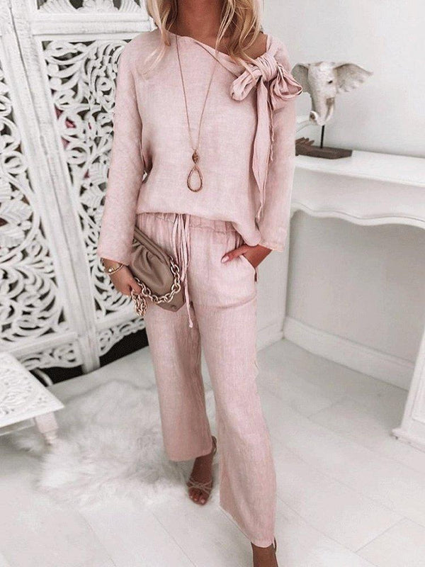 Women's Sets Lace-Up Knotted Long Sleeve Top & Trousers Two-Piece Suit