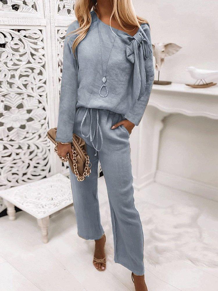 Women's Sets Lace-Up Knotted Long Sleeve Top & Trousers Two-Piece Suit