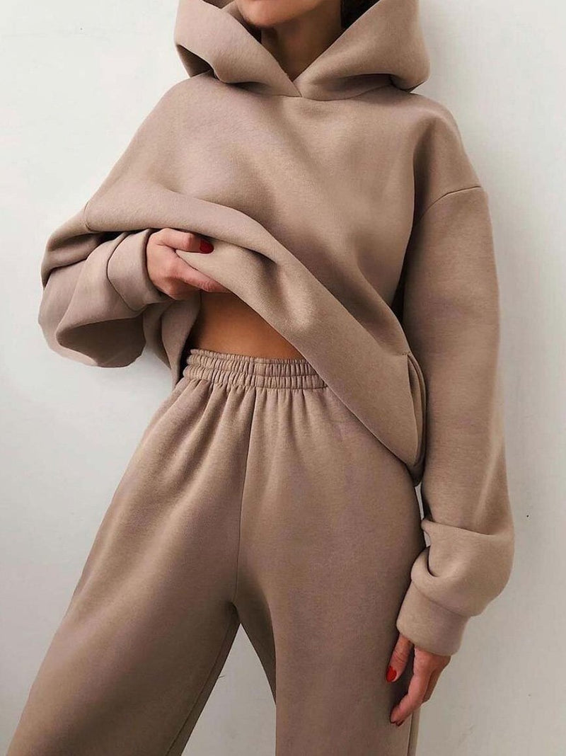Women's Sets Long Sleeve Hoodie & Trousers Solid Two-Piece Suit