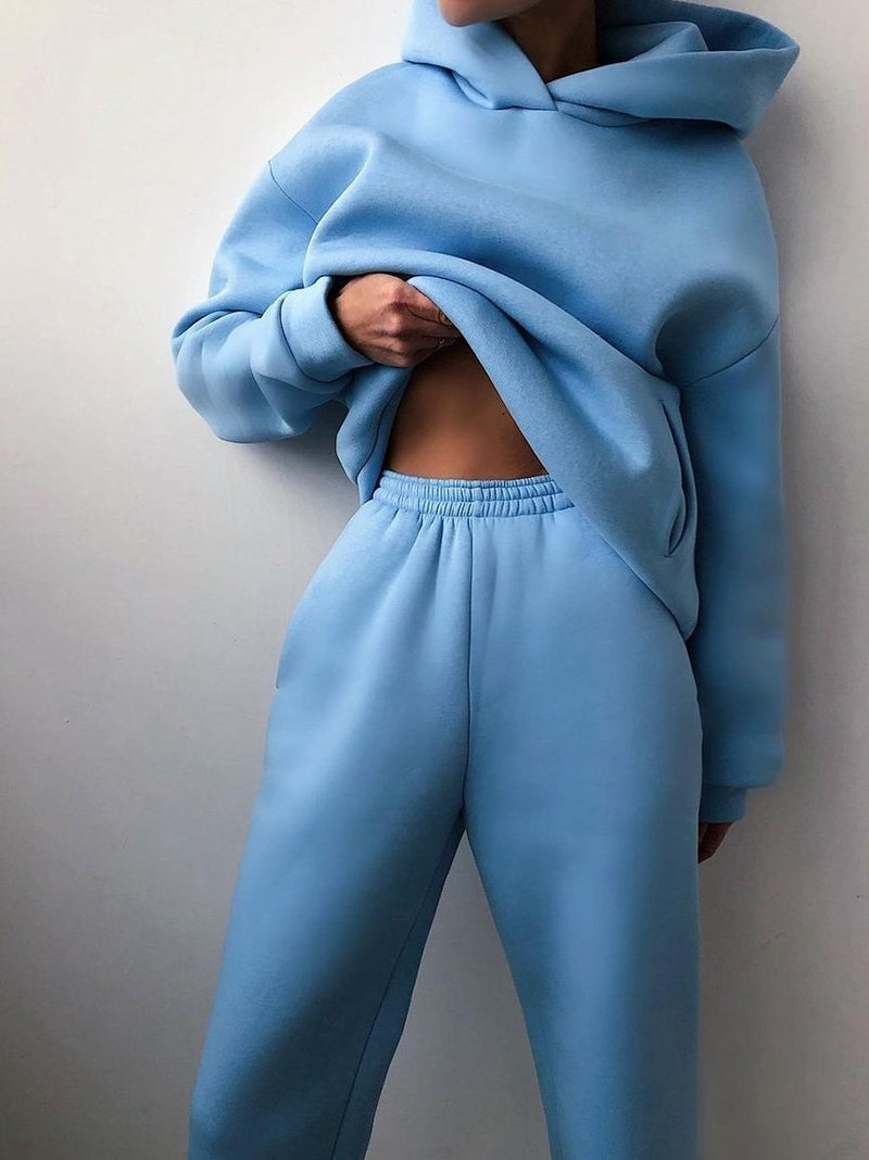 Women's Sets Long Sleeve Hoodie & Trousers Solid Two-Piece Suit