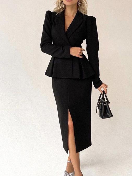 Women's Sets Long Sleeve Jacket & Split Skirt Two-Piece Suit