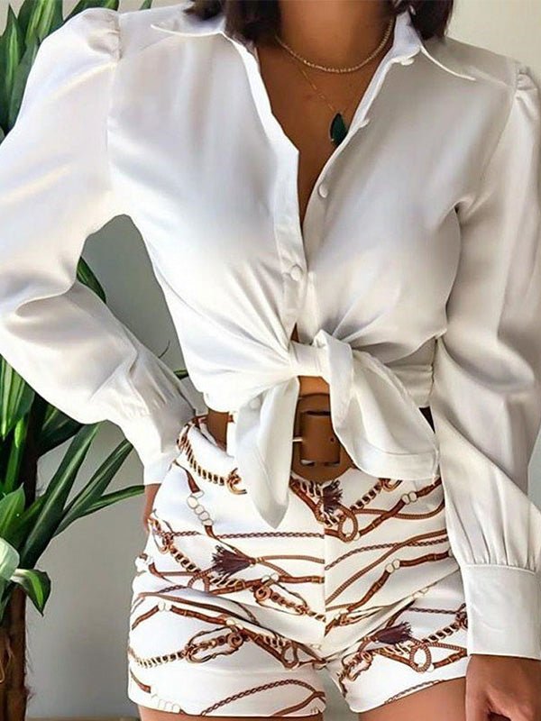 Women's Sets Long Sleeve Lapel Shirt Belt Print Shorts Two Piece Set