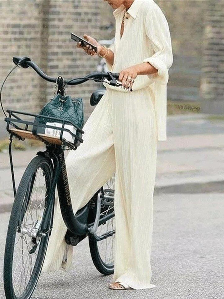 Women's Sets Long Sleeve Pleated Shirt & Wide-Leg Trousers Two-Piece Suit