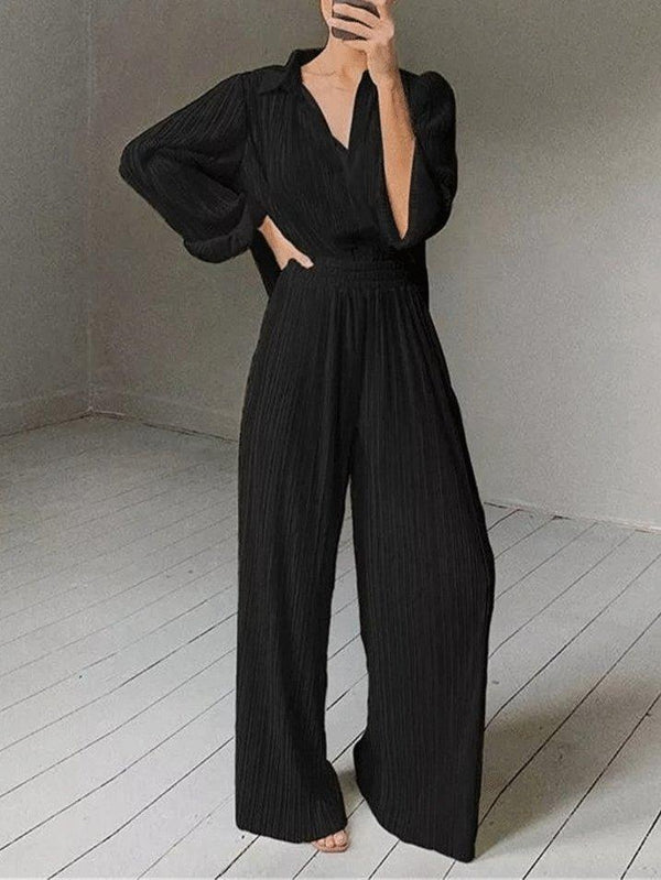 Women's Sets Long Sleeve Pleated Shirt & Wide-Leg Trousers Two-Piece Suit