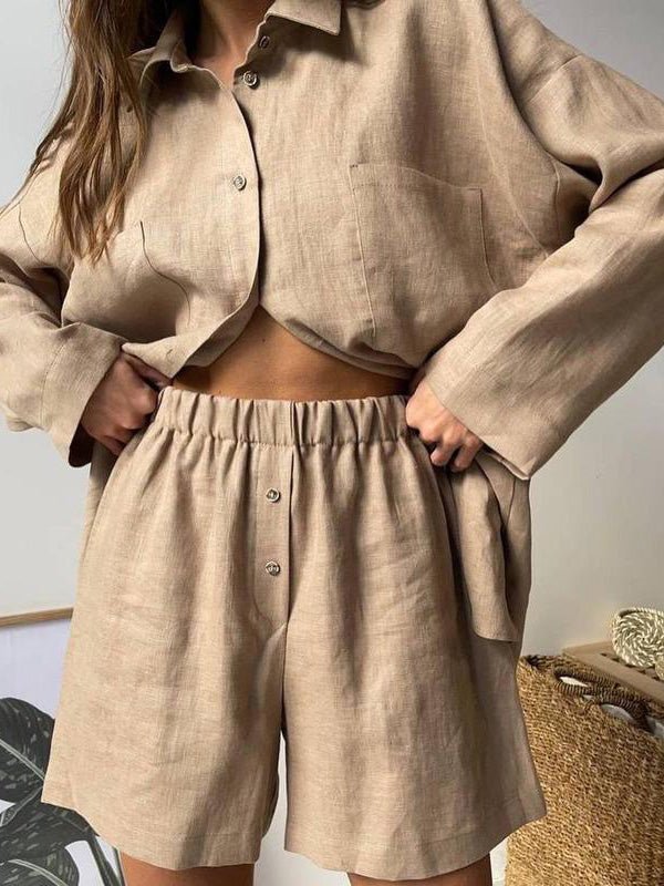 Women's Sets Loose Solid Long Sleeve Shirt & Shorts Two-Piece Set