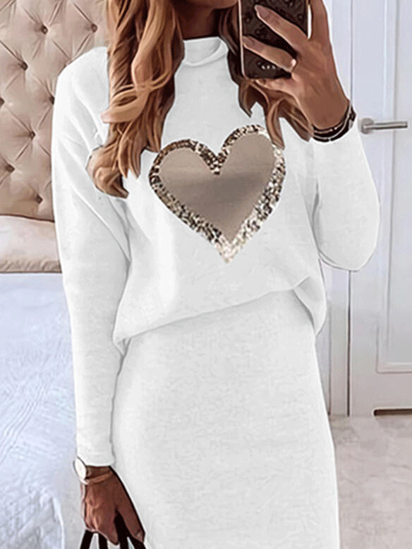 Women's Sets Love Long Sleeve Top & Skirt Two-Piece Suit