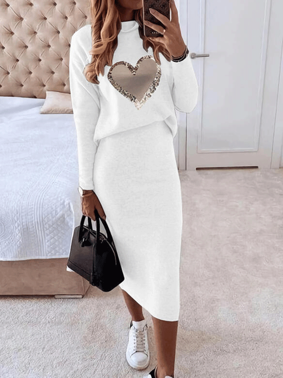 Women's Sets Love Long Sleeve Top & Skirt Two-Piece Suit