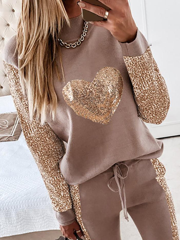 Women's Sets Love Sequined Long Sleeve Elastic Pants Casual Two-Piece Suit