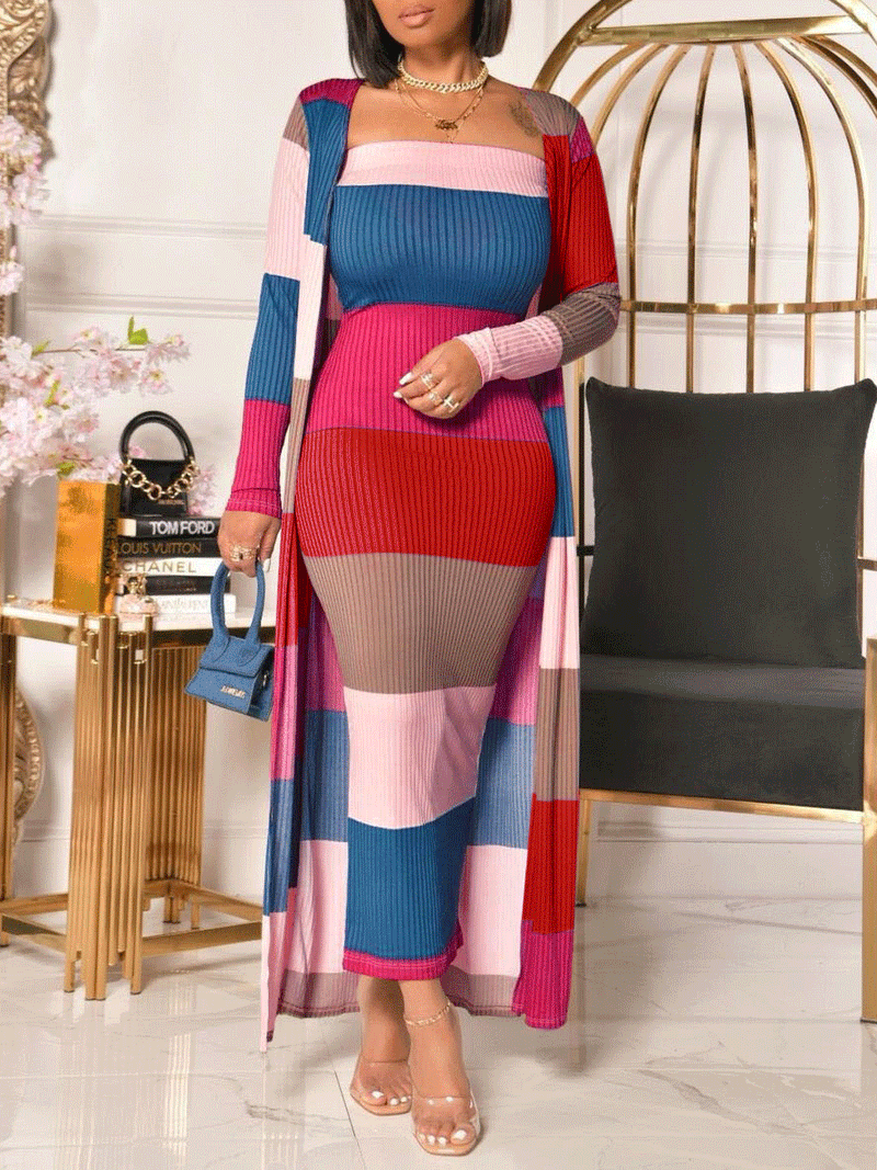 Women's Sets Multicolor Striped Dress & Coat Two-Piece Suit